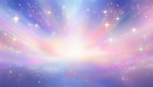 abstract pastel light background with glowing sun rays bokeh effects and shiny stars on soft blue sky ethereal holographic texture with sparkling glitter and dreamy lavender pink purple gradients