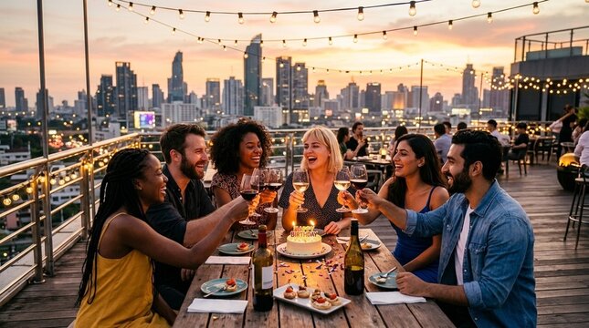 Group of friends toasting with drinks at a rooftop restaurant during sunset, city skyline and string lights behind them, warm social mood for dining and nightlife