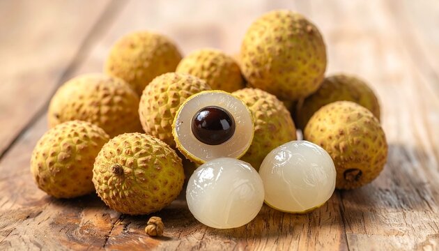 Fresh Tropical Longan Fruit with Peeled Flesh on a Rustic Wooden Table
