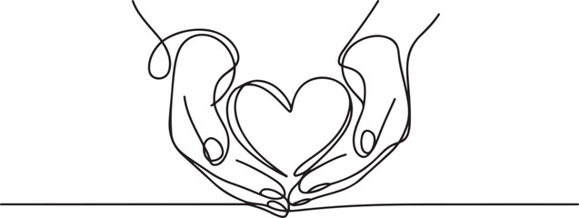 Hands holding heart continuous one line art drawing. Charity donation linear symbol.one line vector illustration on white background © Hossen