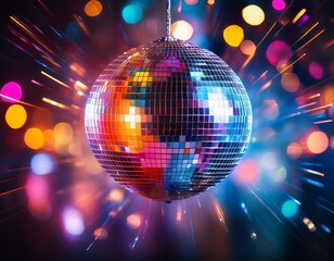 Obraz premium colorful disco ball with vibrant neon lights and bokeh effects on a dark background creating a dynamic and energetic atmosphere for a nightclub party shiny mirror ball reflections and blurred motion