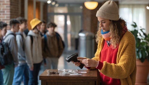 Staff member scanning IDs at movein checkin point key distribution and waiting students blurred behind to show efficient access management.