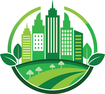 Green City vector logo with buildings on a white background.