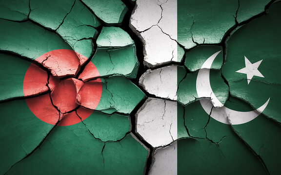 Cracked Bangladesh and Pakistan Flags Wall for Political Conflict and Tension Concept