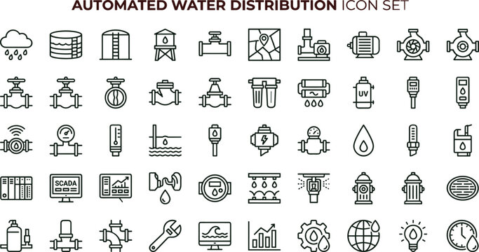 Automated water distribution outline icon set featuring irrigation pipeline valve sensor monitoring infrastructure vector collection for dashboards interfaces utilities engineering