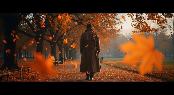 Person in Trench Coat Walking Through Autumn Park with Falling Leaves.