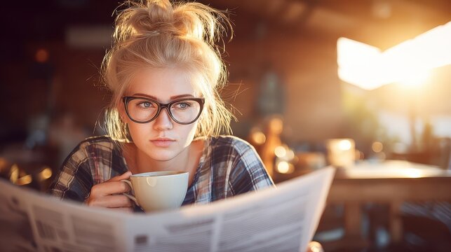 Woman reads newspaper sips coffee at cafe table young adult enjoys hot beverage staying informed by paper