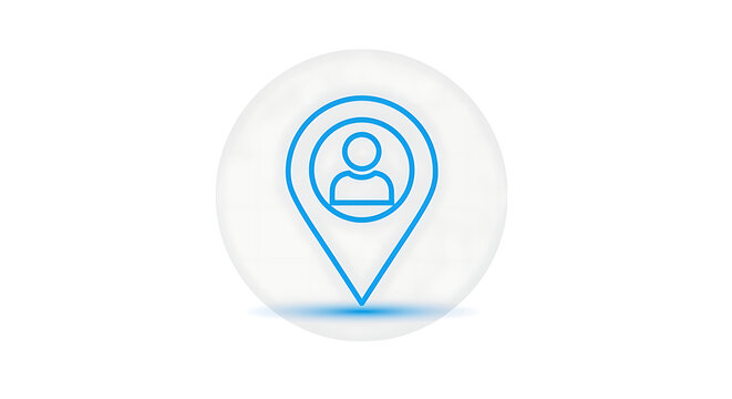Blue location pin with person icon on map pointer symbol for user position tracking and identity - vector graphic design element with pin marker with line art