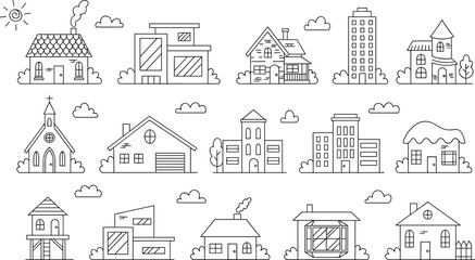Fototapeta premium Vector illustration of diverse buildings and houses in minimalist black‑and‑white line art architectural designs with decorative elements