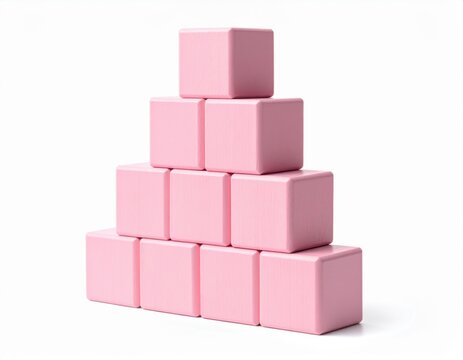 Neatly arranged pyramid of ten light pink wooden toy blocks stacked on a clean white background, showcasing minimalist design and a playful construction concept
