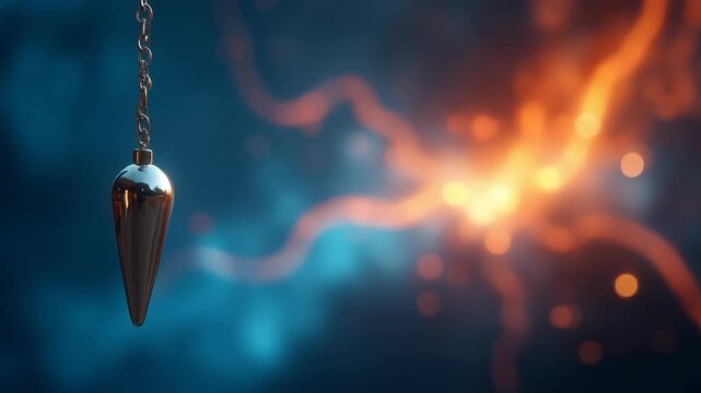 A shiny pendulum hangs, chain suspended, against a blurred backdrop of swirling, colorful nebulous energy, radiating light 
