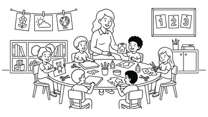 Obraz premium Children making crafts at kindergarten table with teacher showing drawing.