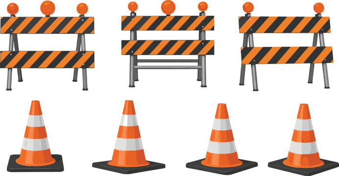 Traffic Barriers and Cones Set in Orange and Black with Safety Signage Vector Design