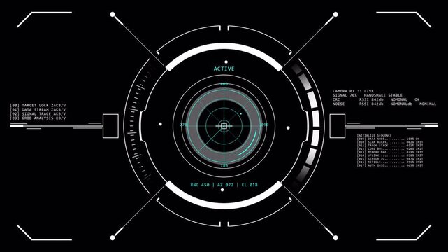 HUD Circle Target alpha channel animation with futuristic radar scanner interface, circular targeting display and cyber technology dashboard