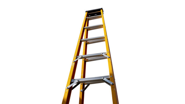 Isolated yellow fiberglass step ladder for construction and home improvement projects
