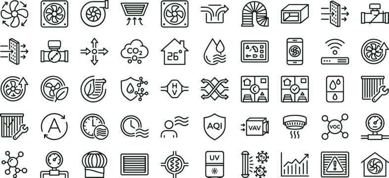 Air quality monitoring HVAC ventilation outline icon set featuring environmental sensor filtration climate control vector collection for dashboards interfaces engineering systems