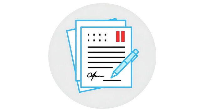 Icon of documents and pen for signing, representing contract, agreement, or application process, document review