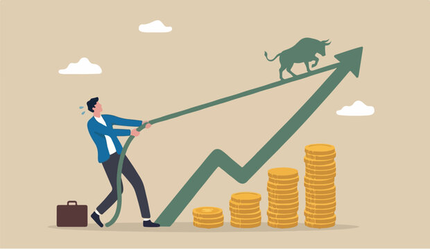 Increase investment to the for yougrowth improvement financial interest rate or crypto and stock market return concept, businessman pulling performance effort