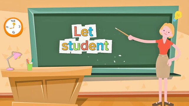 Animated Teacher Explains Lesson to Students in a Classroom Environment.