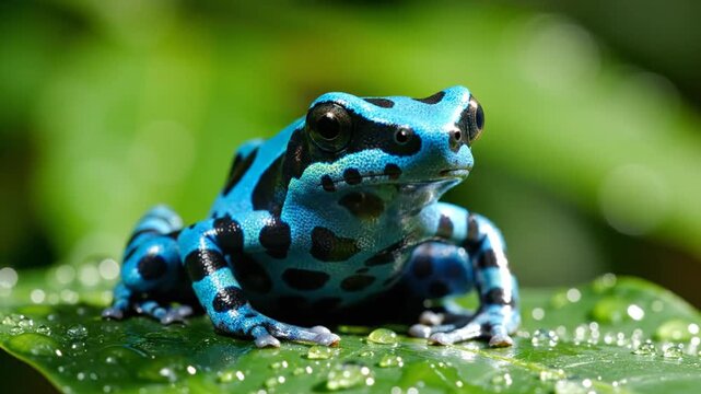Poison dart frog on green leaf.