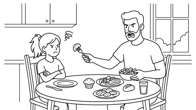 Father feeding vegetables to stubborn young daughter at kitchen table during dinner time.