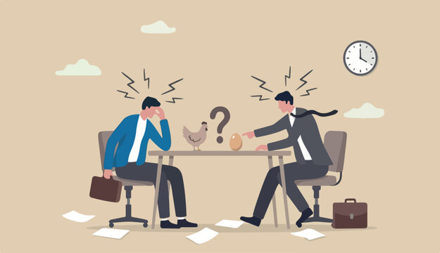 Business argument, conflict or disagreement, wasted use meeting time arguing with no result, controversy question idea concept, businessman colleagues in to arguing fight about chicken vs egg who come