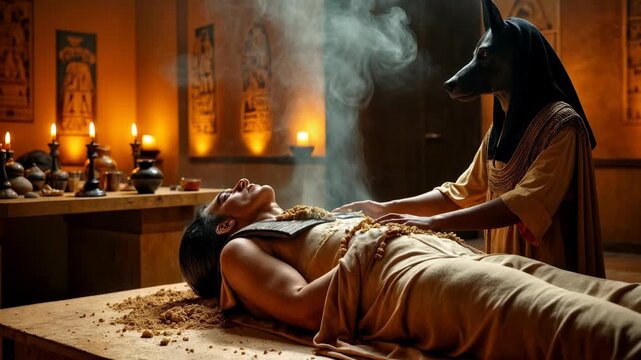 Anubis god performing ancient Egyptian mummification ritual over body on stone altar with incense smoke and candles in torchlit temple. Cinematic mythology and history scene.