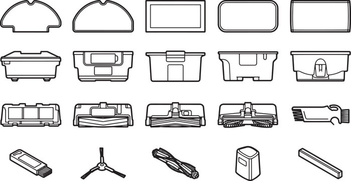 Line art of cleaning robot components, an extensive array of robot vacuum parts arranged in a clean, minimalist style. This detailed illustration showcases the internal components.