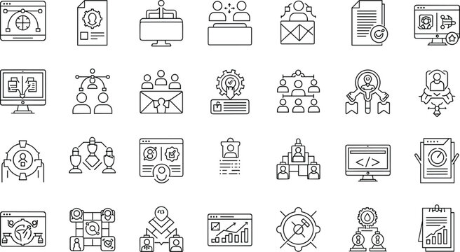 Business Collaboration, Data Analysis, and Performance Monitoring Vector Icons Featuring Workflow, Reports, and Team Organization