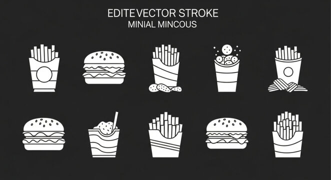 Collection of fast food icons on a dark background.