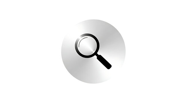 Silver magnifying glass search icon with reflection, representing discovery, investigation, and web search functionality, web button, white background