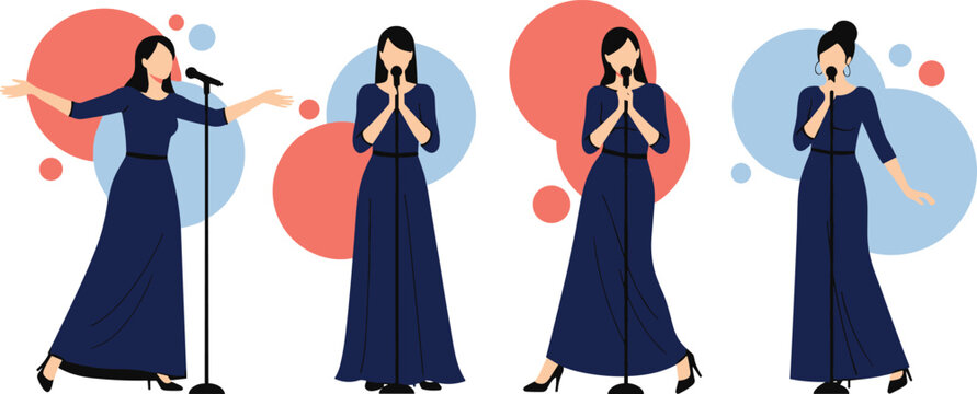 Female Singer Performing on Stage Illustration Set Featuring Microphone Poses with Spotlight Background Vector Design