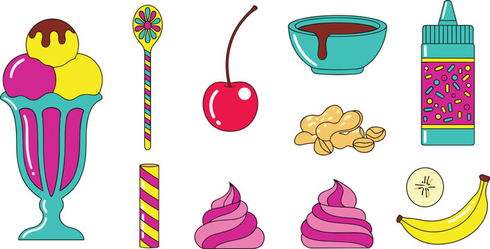 Ice Cream Sundae and Sweet Dessert Toppings Icon Set with Gelato Glass, Cherry, Banana, Whipped Cream, Chocolate Sauce, Sprinkles, and Peanuts for Parlor Menus