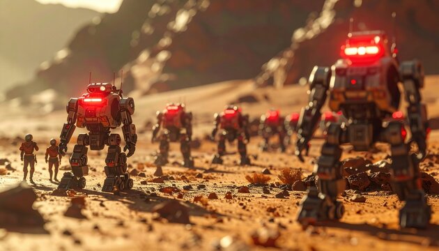 Futuristic military mechs patrolling a rocky desert landscape on an alien planet, representing an advanced robotic invasion force prepared for tactical combat operations in hostile territory.