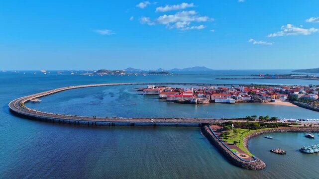 Prominent 2.5-kilometer bridge encircling the peninsula with historic district on. Marine Viaduct Cinta Costera in Casco Viejo, Panama City, Republic of Panama, North America.