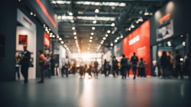 Exhibition Hall Crowd: A blurred image of a bustling trade show floor, capturing the flow and energy of visitors and exhibitors.