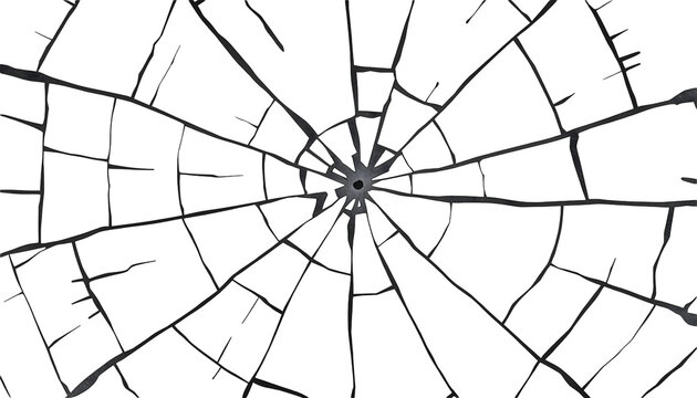 A cracked glass surface with a spiderweb pattern on transparent background