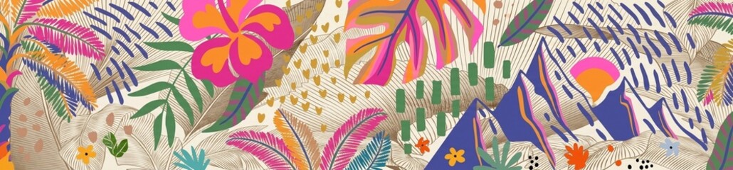 Fototapeta premium A vibrant and colorful floral pattern with various tropical flowers and leaves