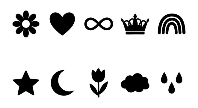 Minimalist black silhouette icons set, 10 decorative vector symbols including heart and star, simple flat graphic elements for logo design and branding