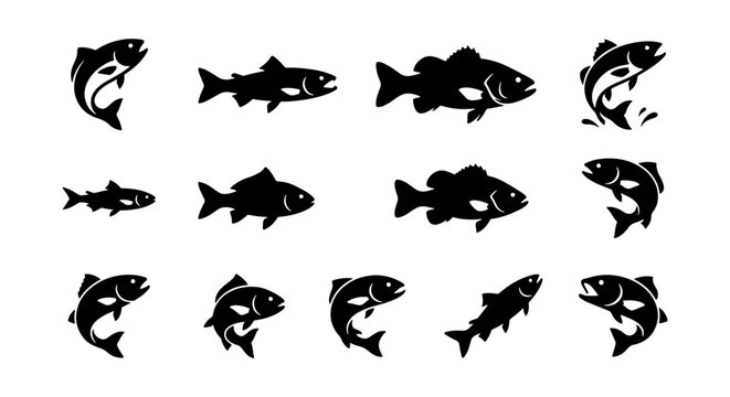 Black fish silhouette collection, 13 fishing icons set in vector format, minimalist aquatic animal shapes for logos, jumping trout and bass silhouettes