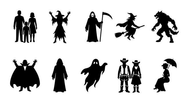 Halloween silhouette icons set, spooky monster and character vector collection, black horror figures including witch, vampire, ghost and grim reaper