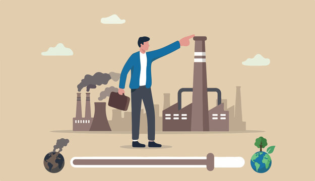 Reduce factory pollution to help stop climate change or global warming, ecology to decrease carbon dioxide an sustainability concept, business leader use finger to block, stop or clog factory chimney