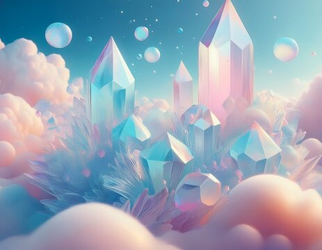 icy crystal structures floating amidst clouds and spheres in pastel hues