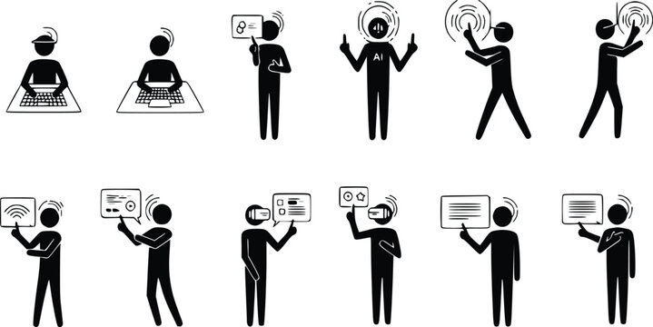 Diverse stick figure icons illustrating various technology interactions, including computer usage, virtual reality, augmented reality, artificial intelligence, and digital communication concepts.