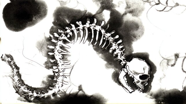 Ink painting of skeleton serpent with detailed bone structure and artistic style