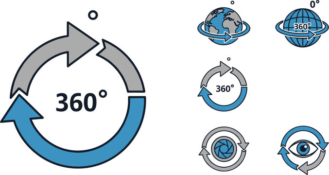 360-Degree Rotation Icons Set Featuring Earth, Camera, Eye, and Global Circles in Flat Design
