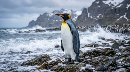 Fototapeta premium “King Penguin Colony in Antarctic Landscape – Wildlife, Ocean Shore, Close-Up Portraits and Family Behavior”