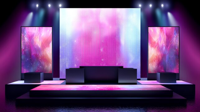 Illuminated Stage with Digital Display: A contemporary stage setup, bathed in vibrant lighting, features digital displays, creating a dynamic backdrop for performances and presentations.