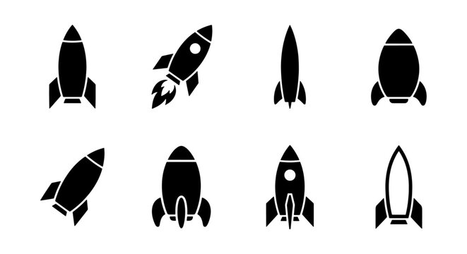 Minimalist rocket ship icons set, black spaceship silhouettes for startup launch and business growth, 8 vector rocket symbols for web design