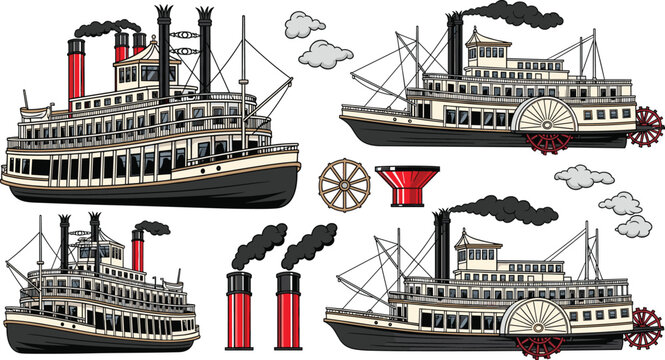 Steamboat Vintage Design Set with Paddles, Steam Pipes, and Wheel in Flat Style